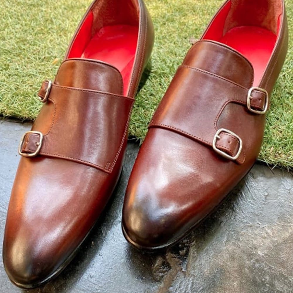 Footwear,Shoe,Dress shoe,Red,Brown,Tan,Leather,Buckle