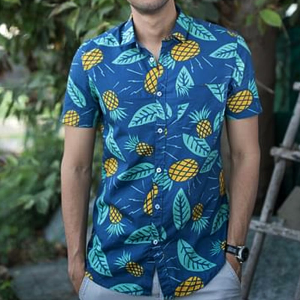 Men Pineapple & Leaf Printed Blue Casual Shirt