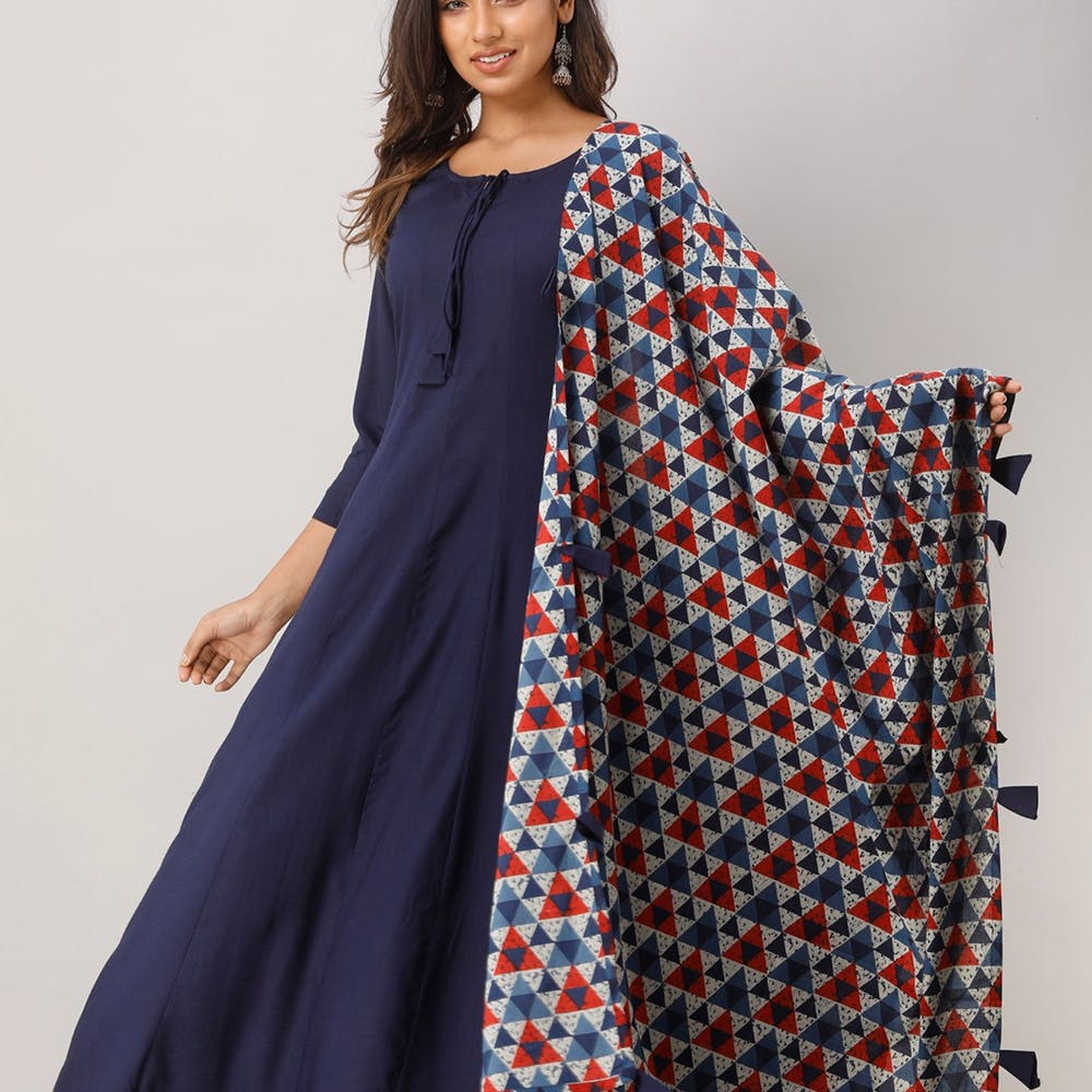 Ethnic Wear Dark Blue Silk Frock Style Kurti LKV00701