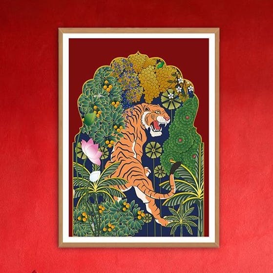 Tiger,Felidae,Painting,Art,Illustration,Big cats,Plant,Bengal tiger