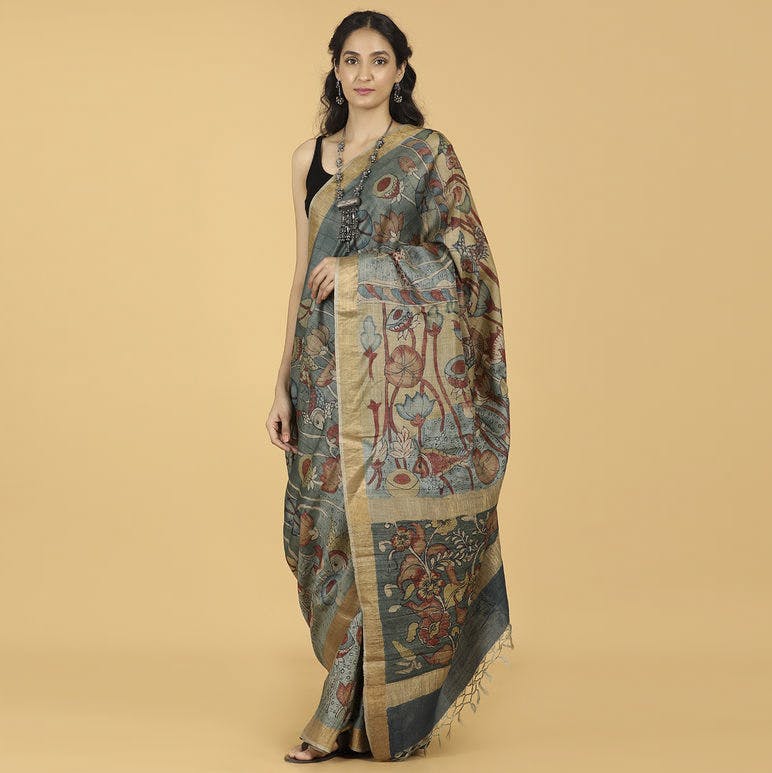 Hand Painted Organza Saree Light Purple Colour with touch of gold print in  vibrant Indian colours and matching running Blouse-Indiehaat – Indiehaat.com