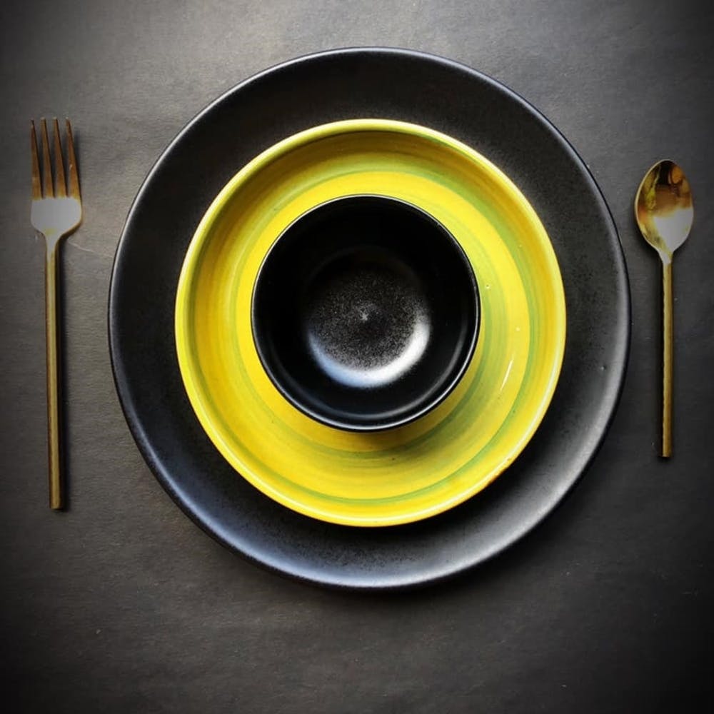 Yellow,Plate,Tableware,Dishware,Circle,Serveware,Spoon,Cutlery,Still life photography,Bowl