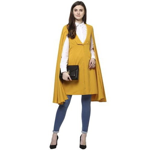 Women Solid Mustard Slit Sleeves Coat