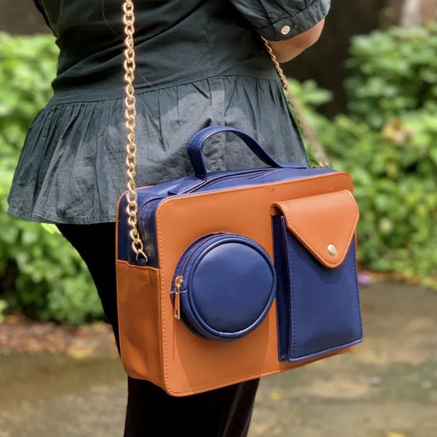 Bag,Shoulder,Handbag,Electric blue,Orange,Cobalt blue,Messenger bag,Joint,Leather,Fashion accessory