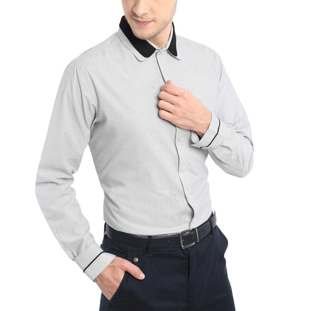 Men Contrast Double Collar Detail White Printed Shirt