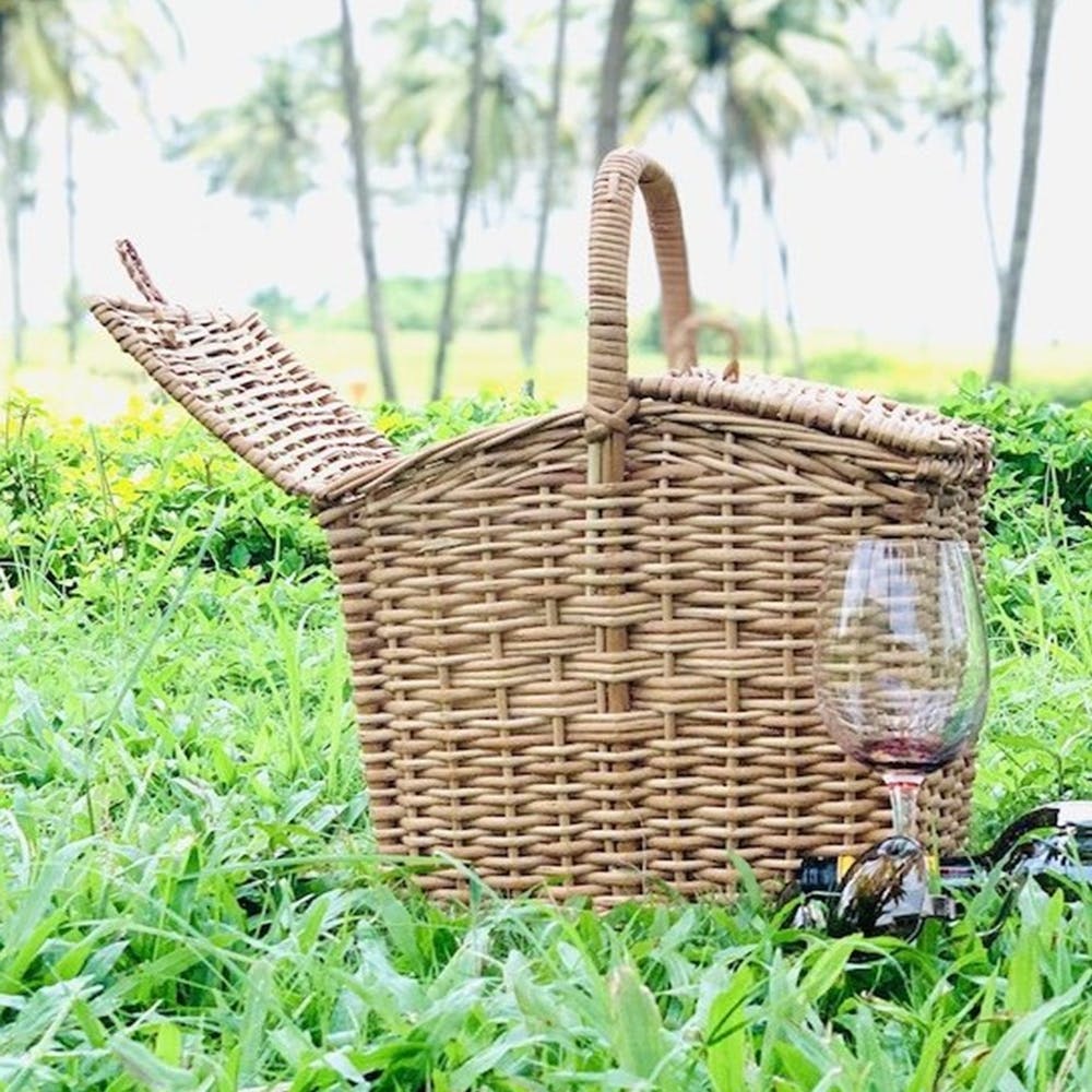 Basket,Wicker,Picnic basket,Storage basket,Picnic,Grass,Hamper,Home accessories,Plant