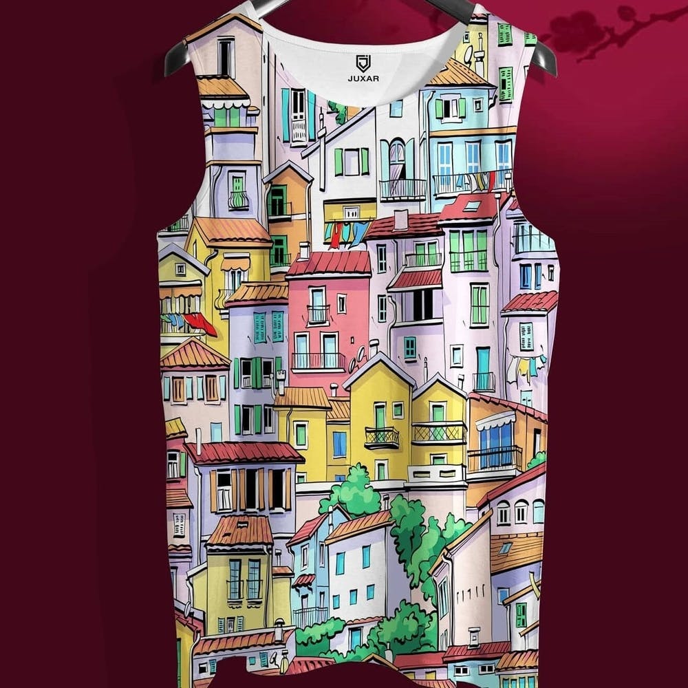 Clothing,T-shirt,Illustration,Sleeveless shirt,Top,Architecture,House,Pattern,Pattern,Sleeve