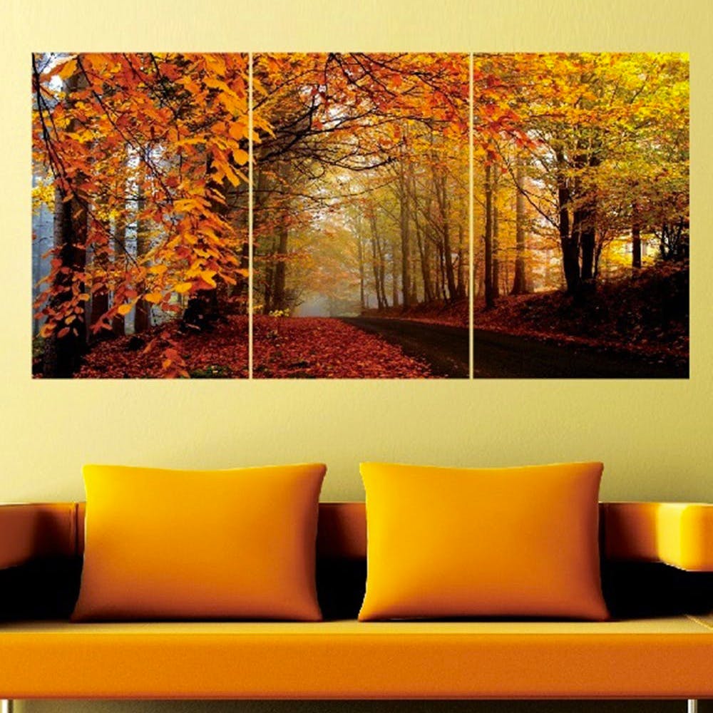 Natural landscape,Nature,Modern art,Yellow,Tree,Painting,Leaf,Orange,Room,Wall