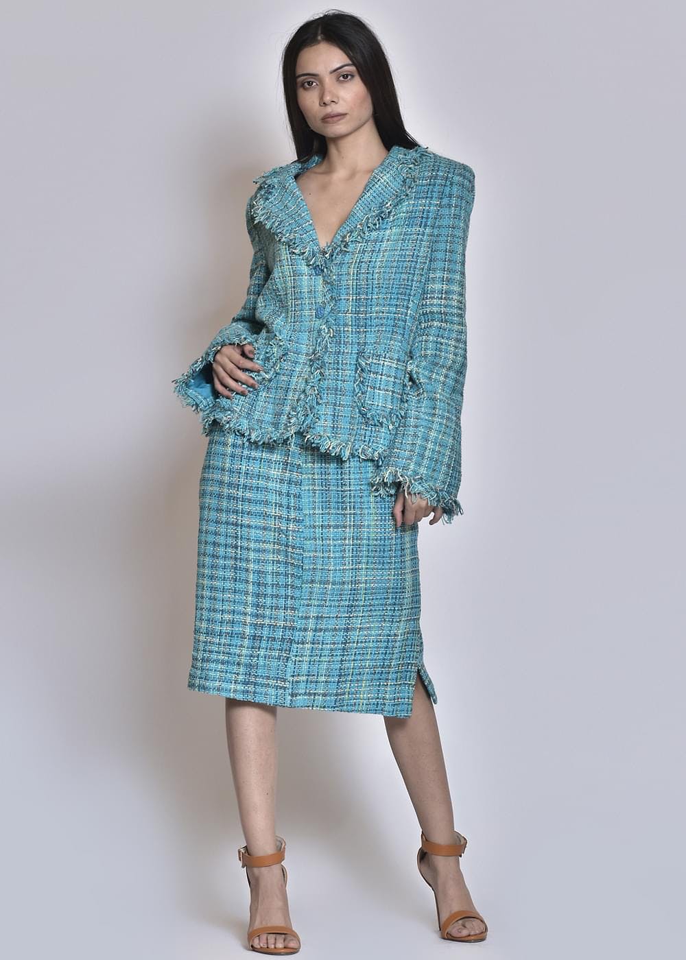 Women Frayed Trim Checkered Monotone Jacket With Skirt Set