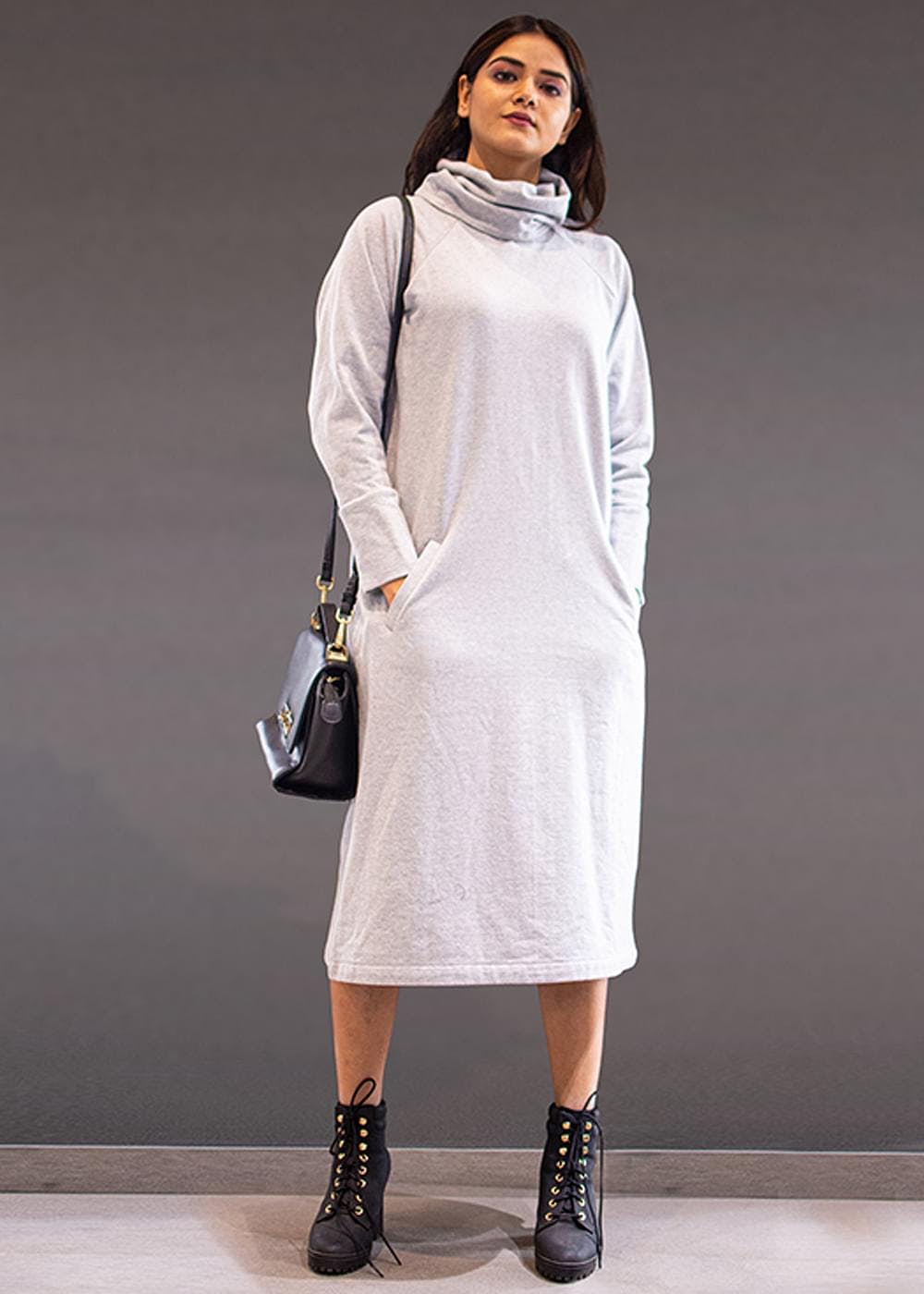 Women Solid Grey Warm High Neck Dress