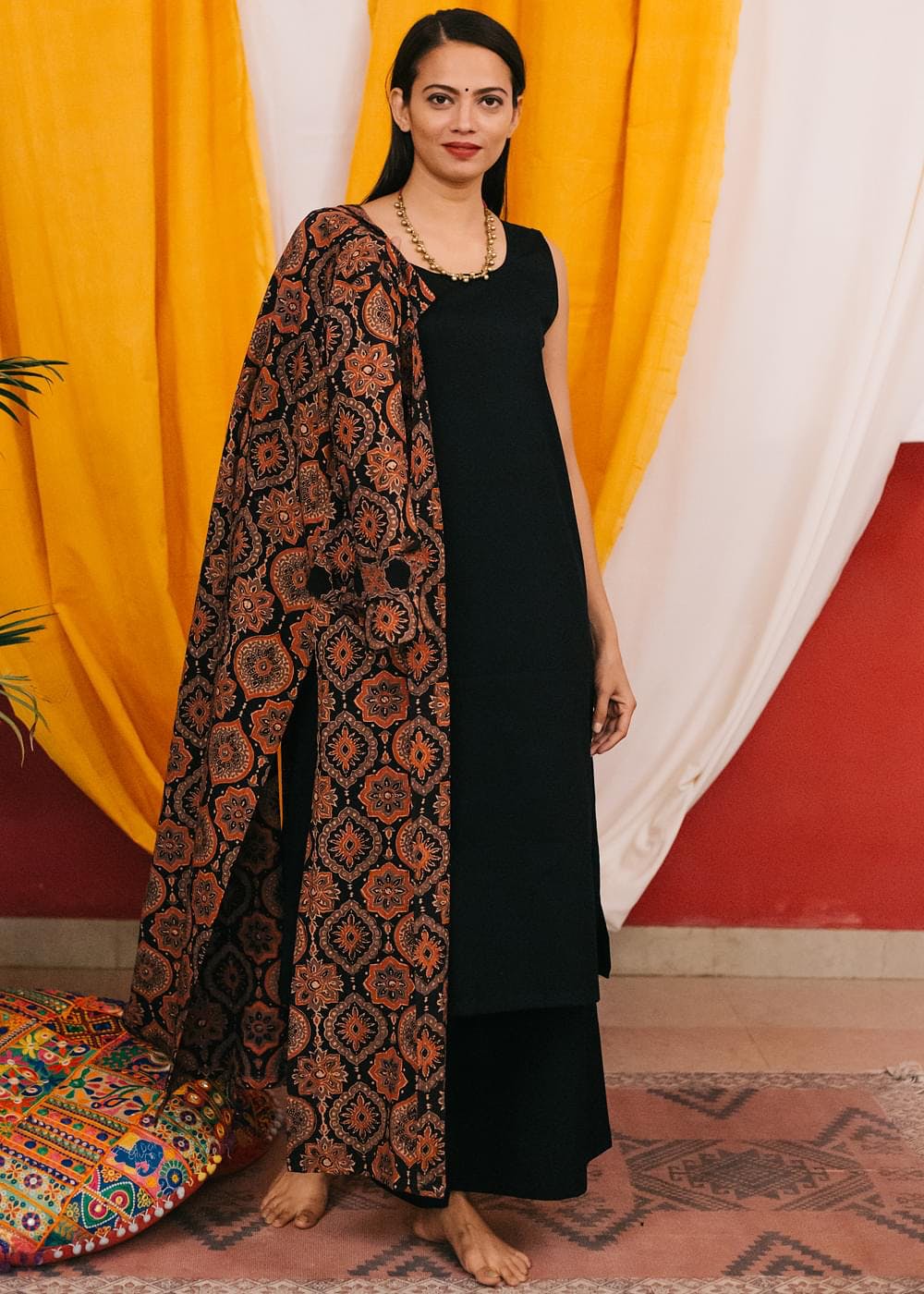Women Solid Black Long Kurta With Ajrakh Printed Contrast Long Jacket