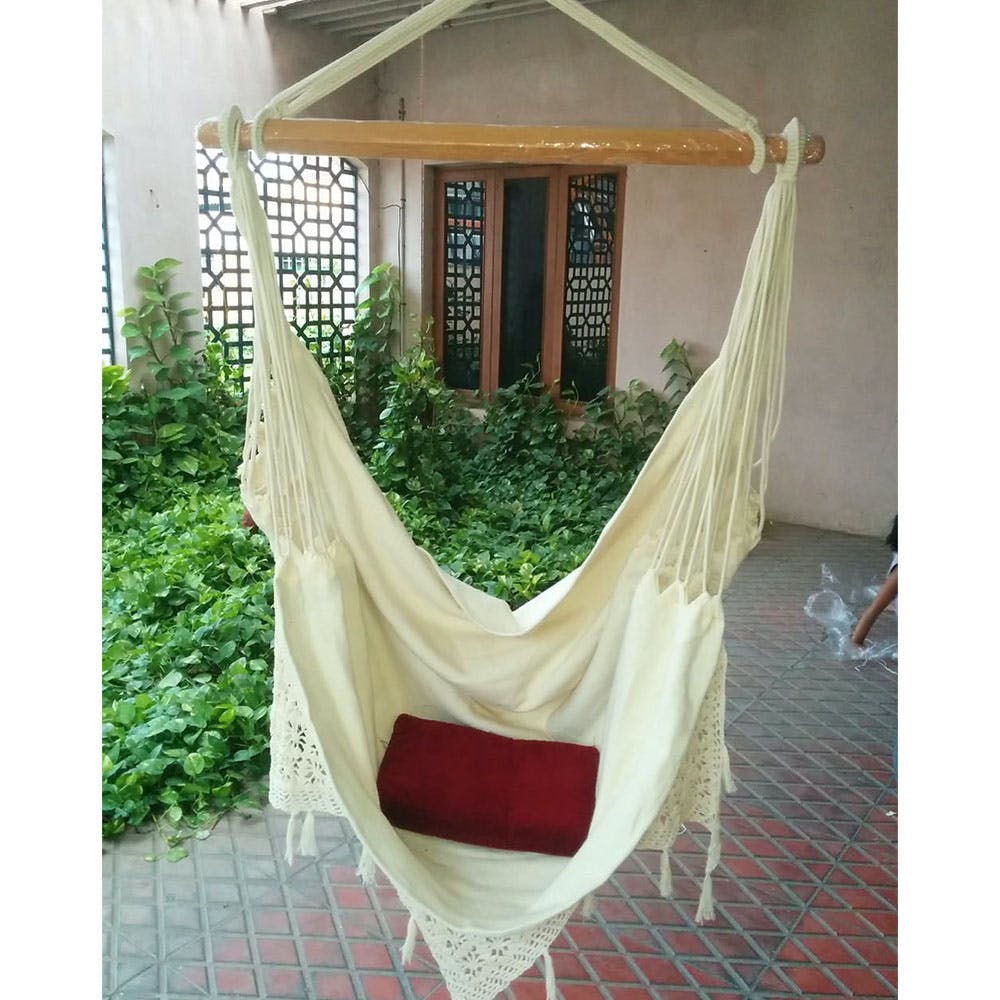 Durable Thick Canvas Swing With Decorative Crochet (Natural, Single Person)