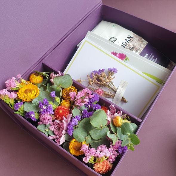 Purple,Lavender,Flower,Violet,Magenta,Box,Packaging and labeling,Artificial flower,Cosmetics,Floral design