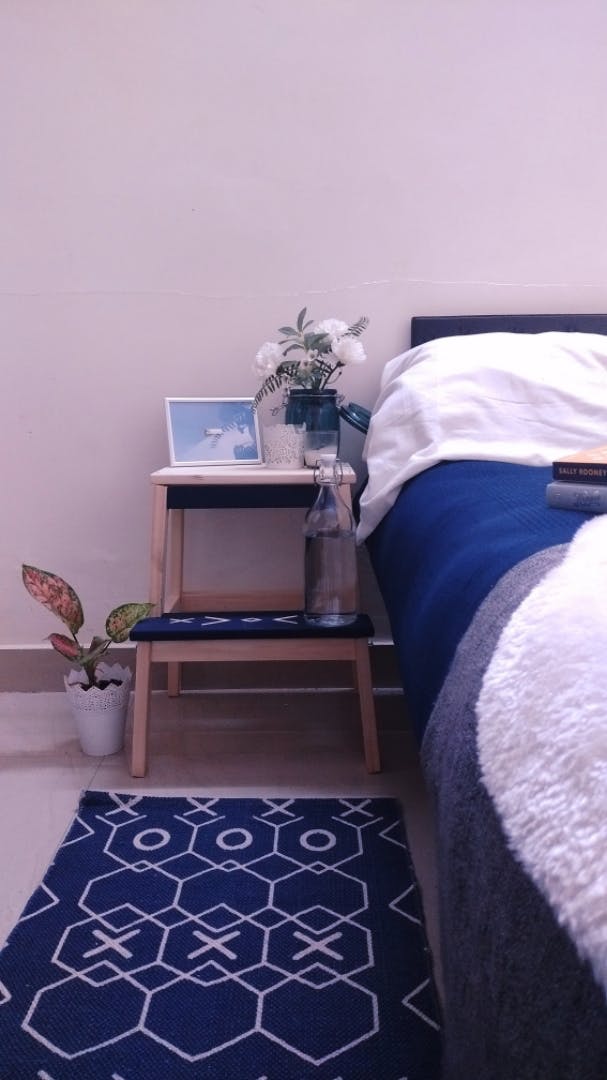 Bedroom,Furniture,Room,Bed,Nightstand,Bed sheet,Bed frame,Blue,Purple,Bedding
