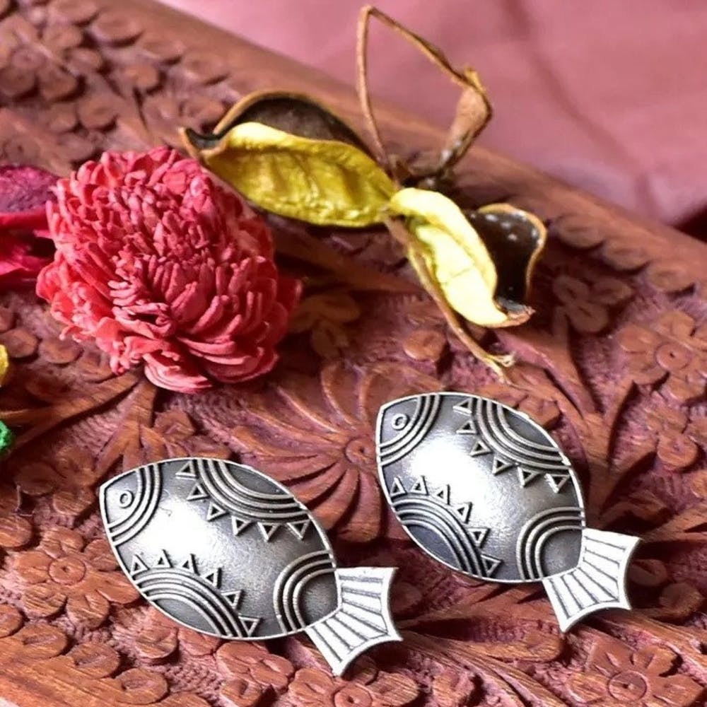Oxidised Silver Tribal Fish Earrings