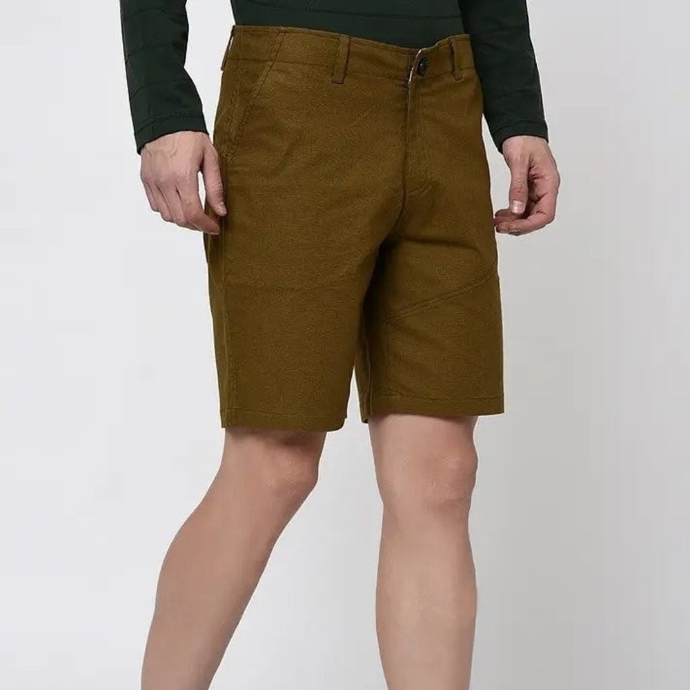 Men Cut & Sew Detail Olive Green Knitted Shorts