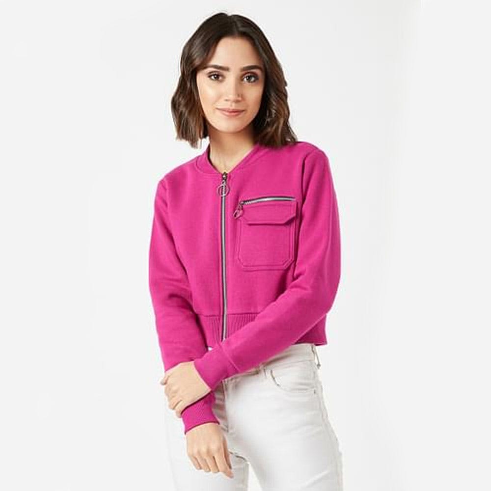 Women Zipped Pocket Detail Pink Jacket
