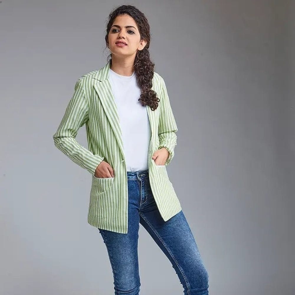 Women White & Green Striped Cotton Long Jacket