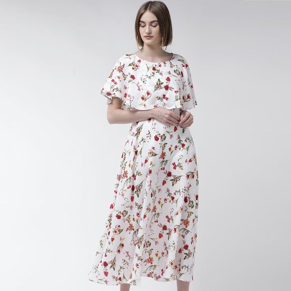 Get Overlap Yoke Detail Floral Printed White Crepe Maxi Dress at ₹ 699 ...