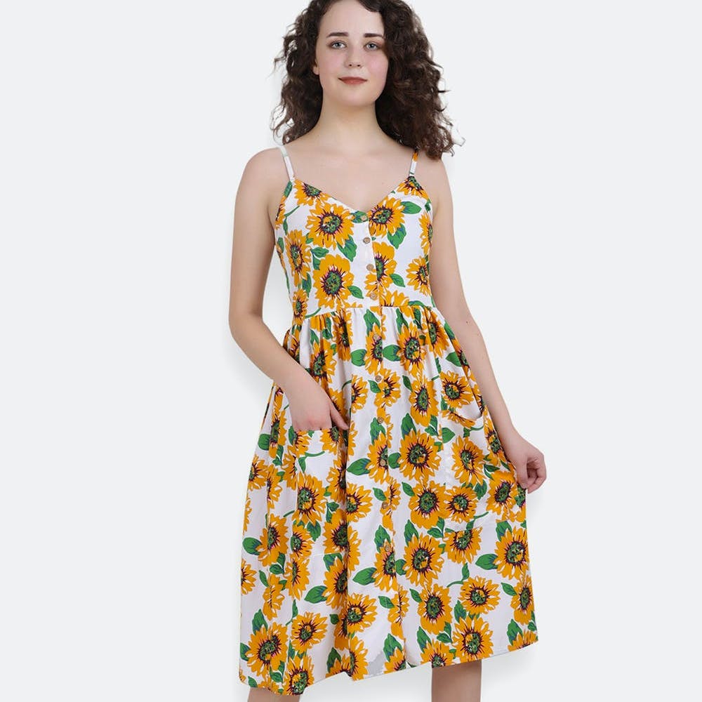Women Sunflower Printed Strappy Pleated Scoop Neck Dress