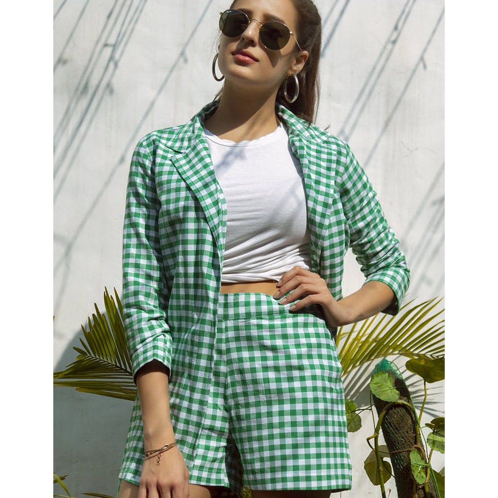 Women Two-Tone Gingham Checkered Handloom Jacket With Shorts Set
