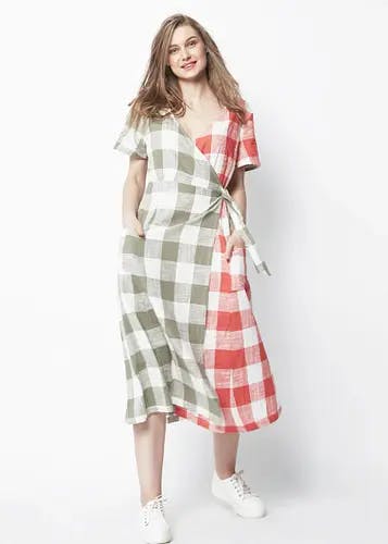 Women Two-Tone Checkered A-Line Wrap Dress