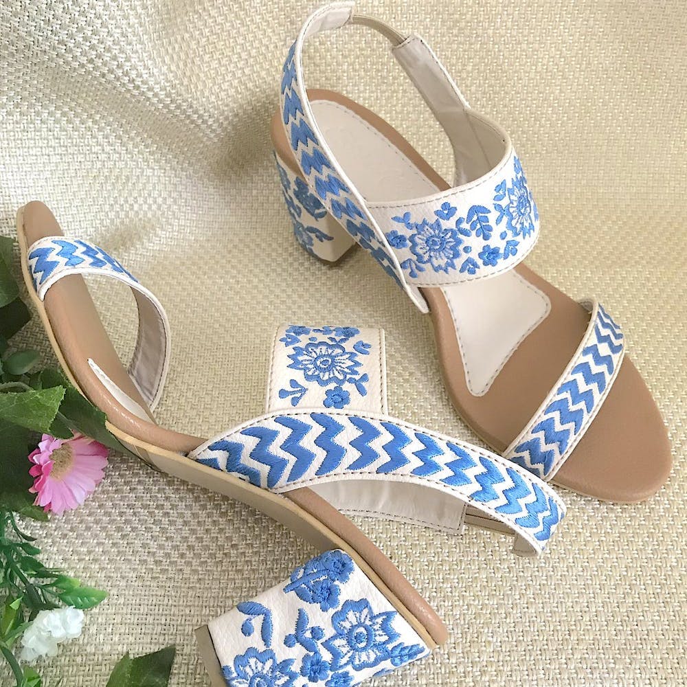 Women Contrast Floral Embroidered Cream Slingback Block Heels