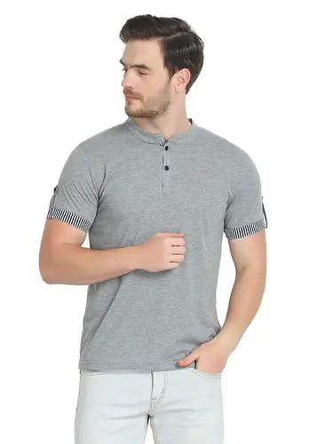 Men Solid Grey Short Sleeves Henley T-Shirt