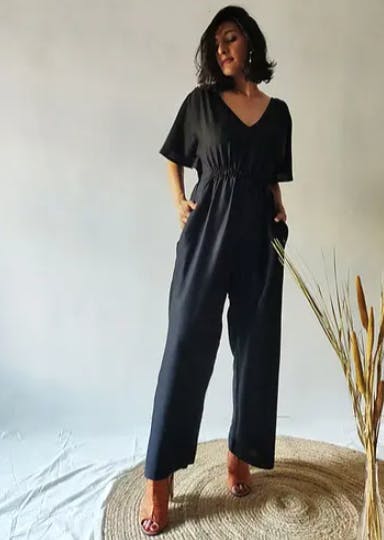 Cinched Waist Detail Black V-Neck Jumpsuit By Whysoblue