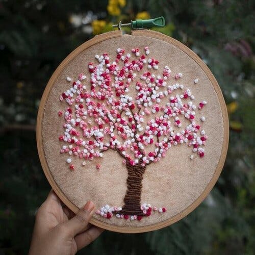 Cherry Blossom Tree Embroidered Wall Hoop