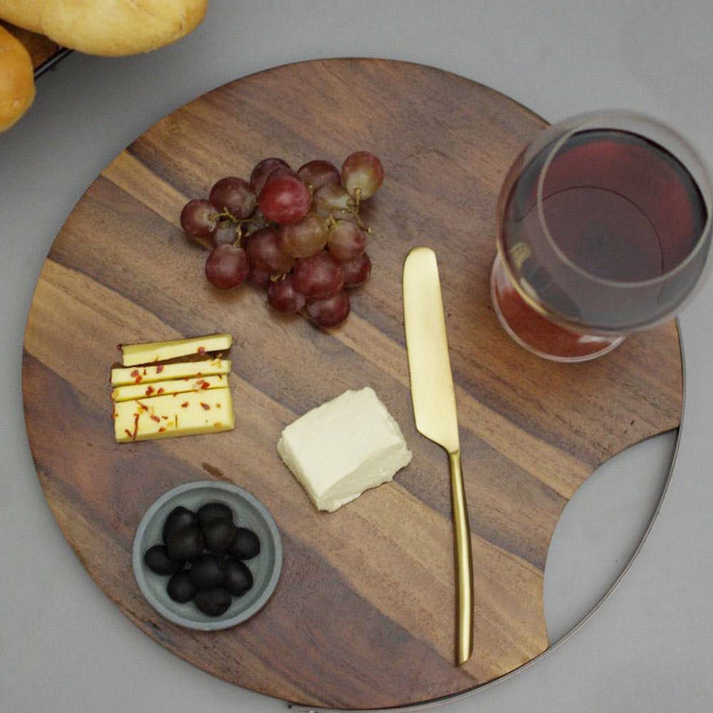 Brown Sheesham Wood Round Serving Platter with Stainless Steel Handle