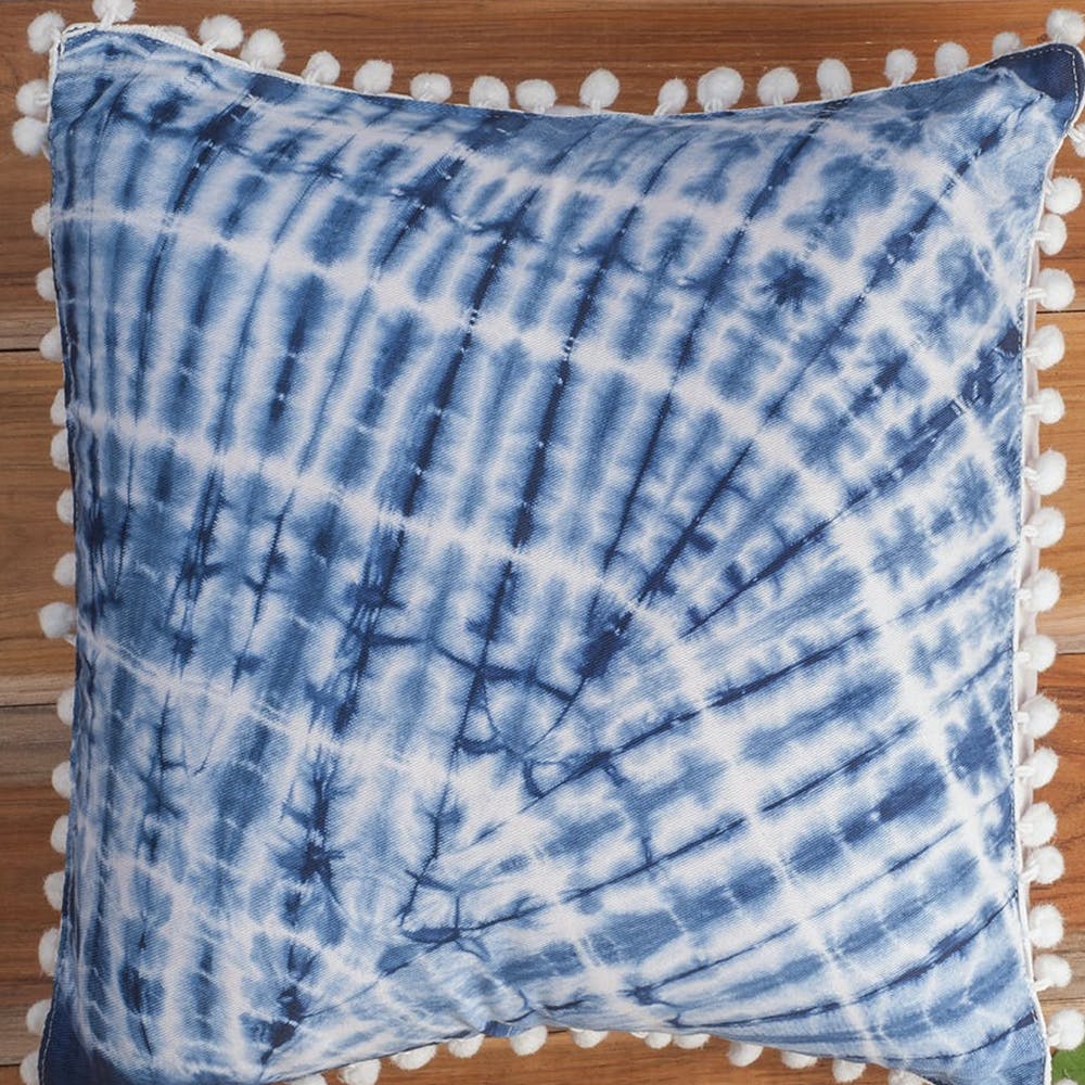 Tie And Dye Indigo Coloured Cushion Cover With White Pom Pom (Pack Of 2) - (14" x 14")