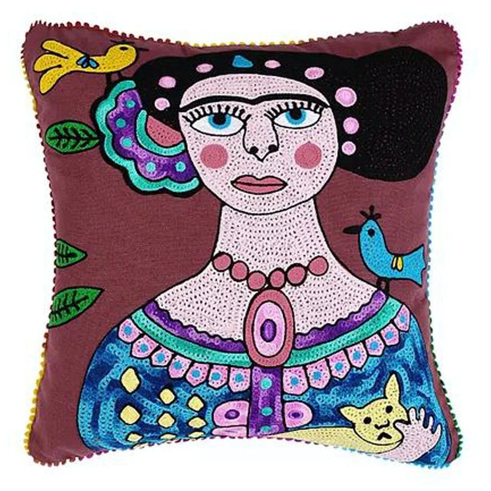 Frida Kahlo Inspired Maroon Crewel-Embroidered Cotton Cushion Cover