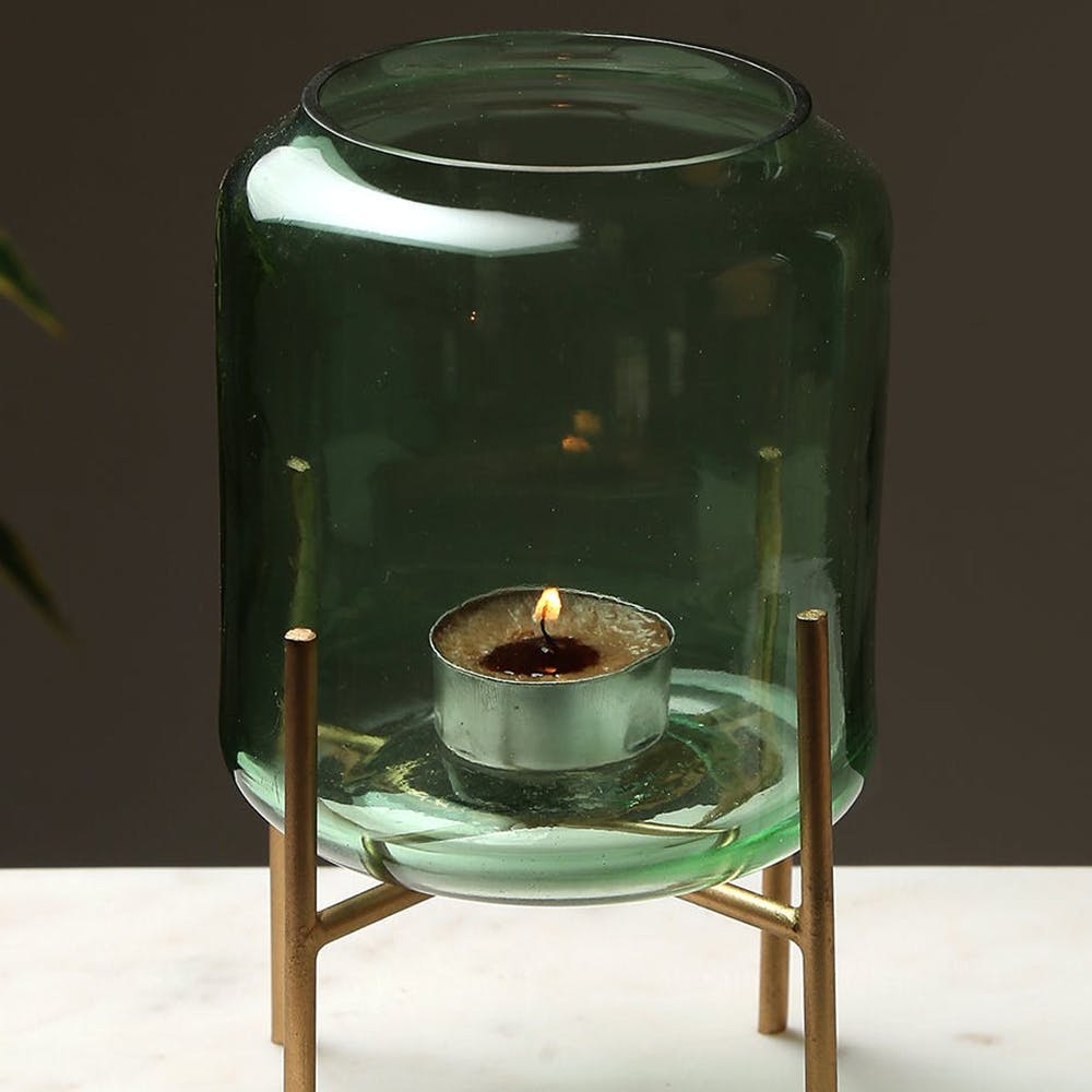 Green Colored Glass Votive With Metal Stand