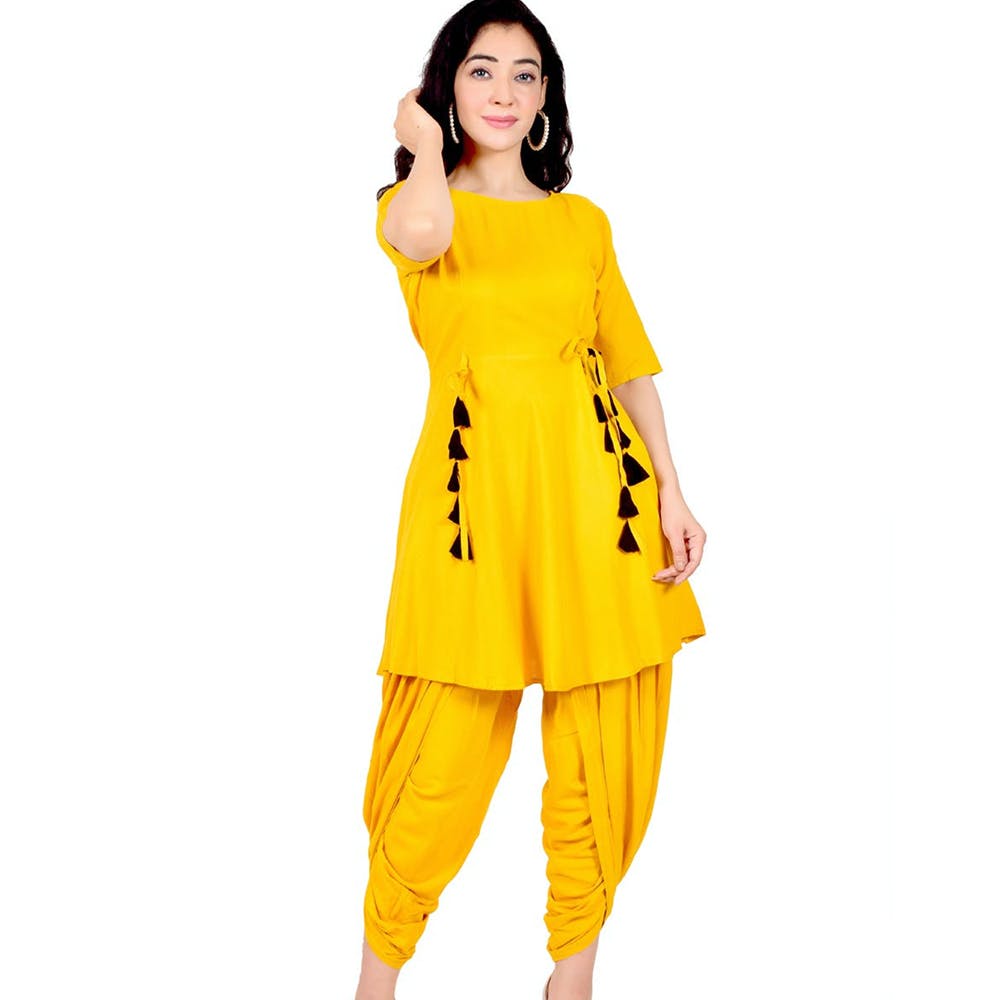 Get Contrast Tassel Detail Monotone Kurti With Dhoti Pants Set at ...