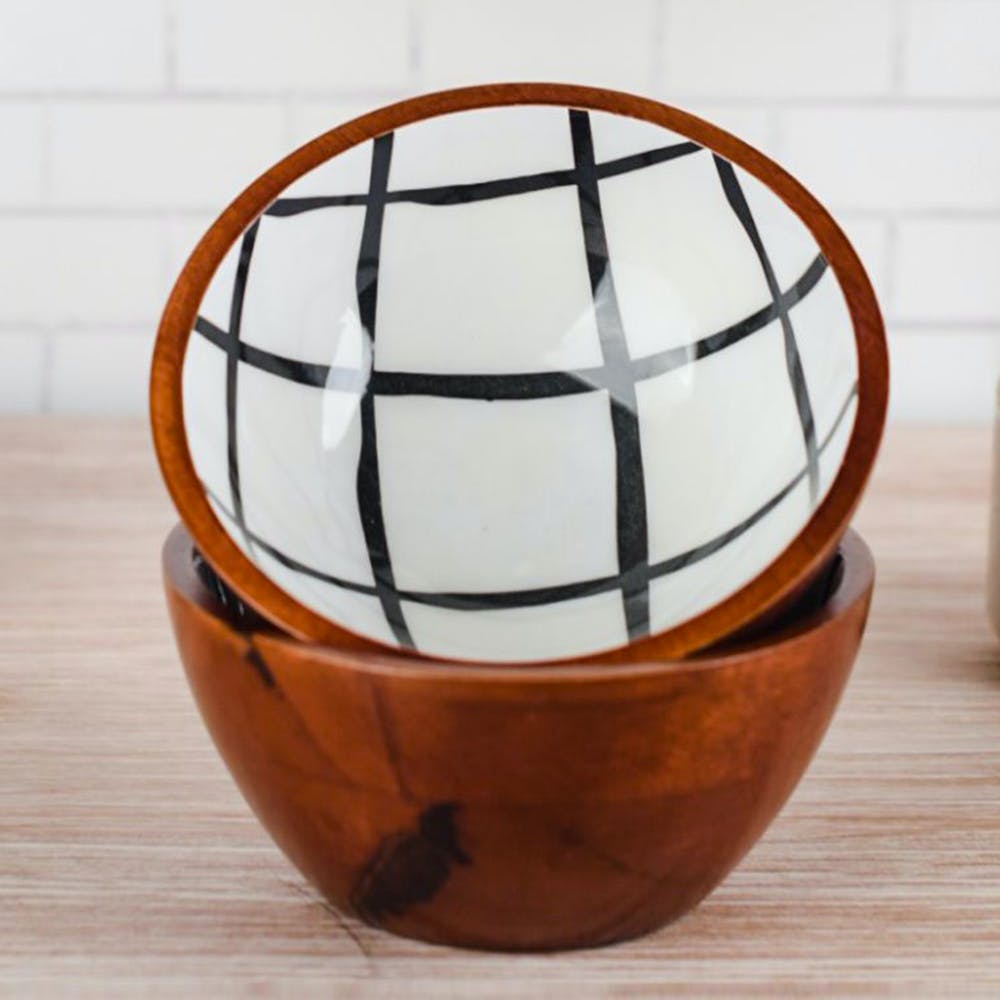 Wooden Serving Bowl - Black & White Checks