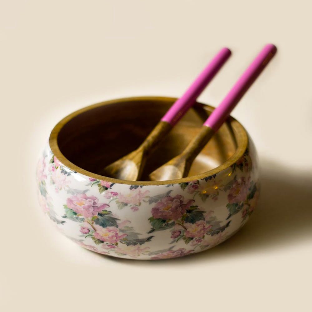 Salad Bowl + Server Set Wooden White & Pink