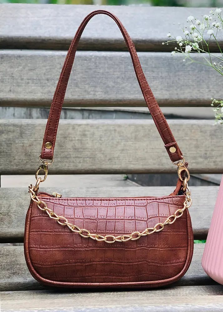 Metallic Linked Chain Detail Croc Effect Solid Cross-Body