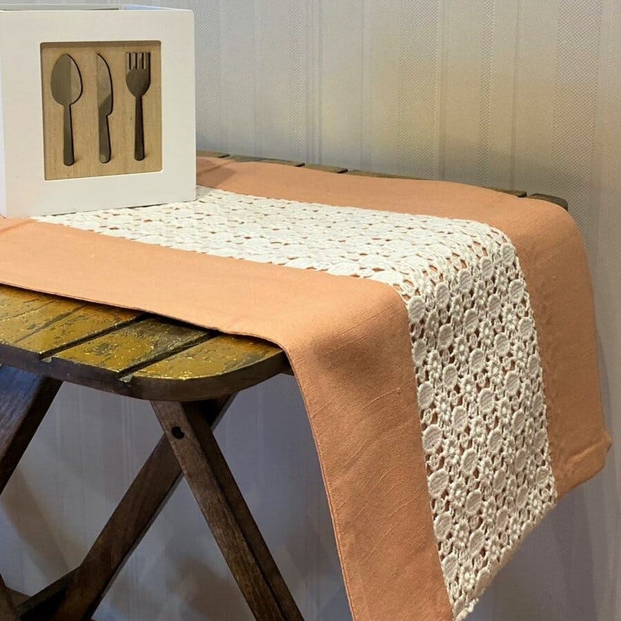 Table Runner 6 Seater- Peach & Lace Detail
