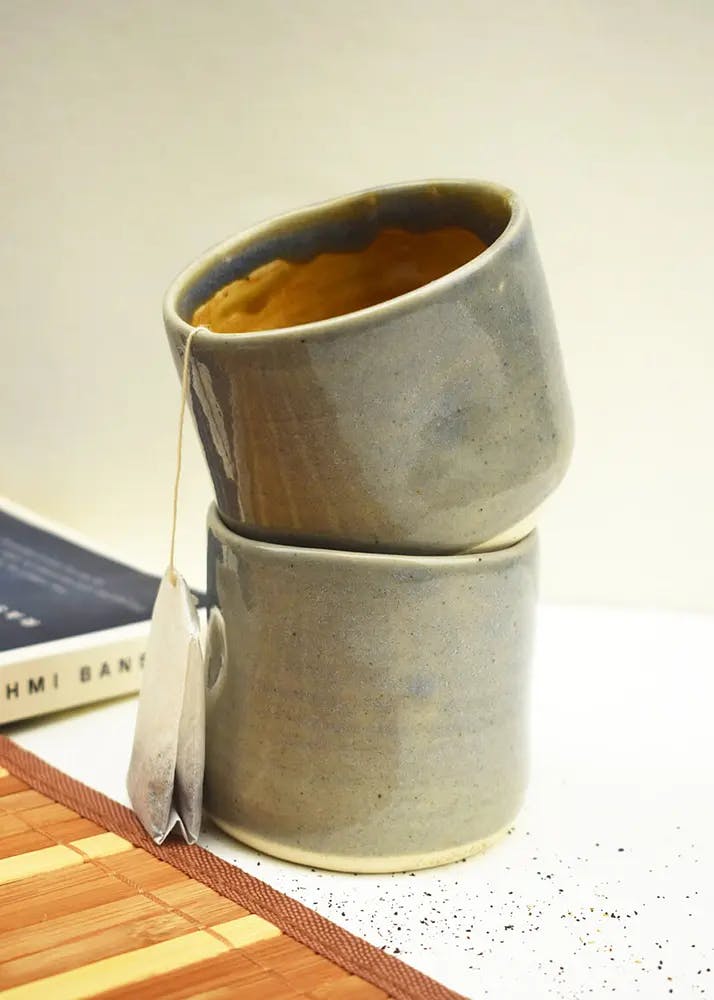 humb Impression Blue Ceramic Tea Cups - Set of 2
