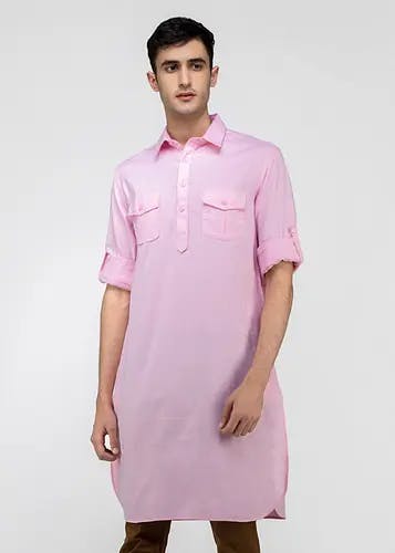 Men Roll-Up Sleeves Detail Solid Linen Kurta