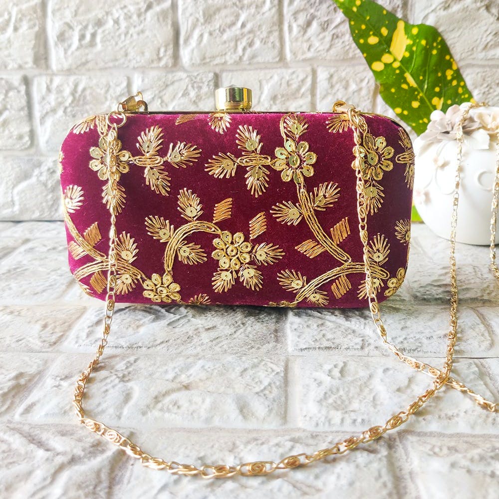 Maroon Hand Embroidered Box Clutch