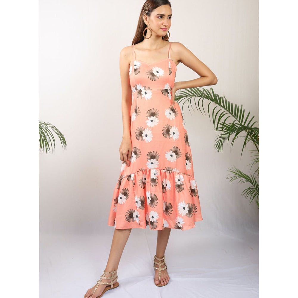 Women Peach Floral Dress With Gathering