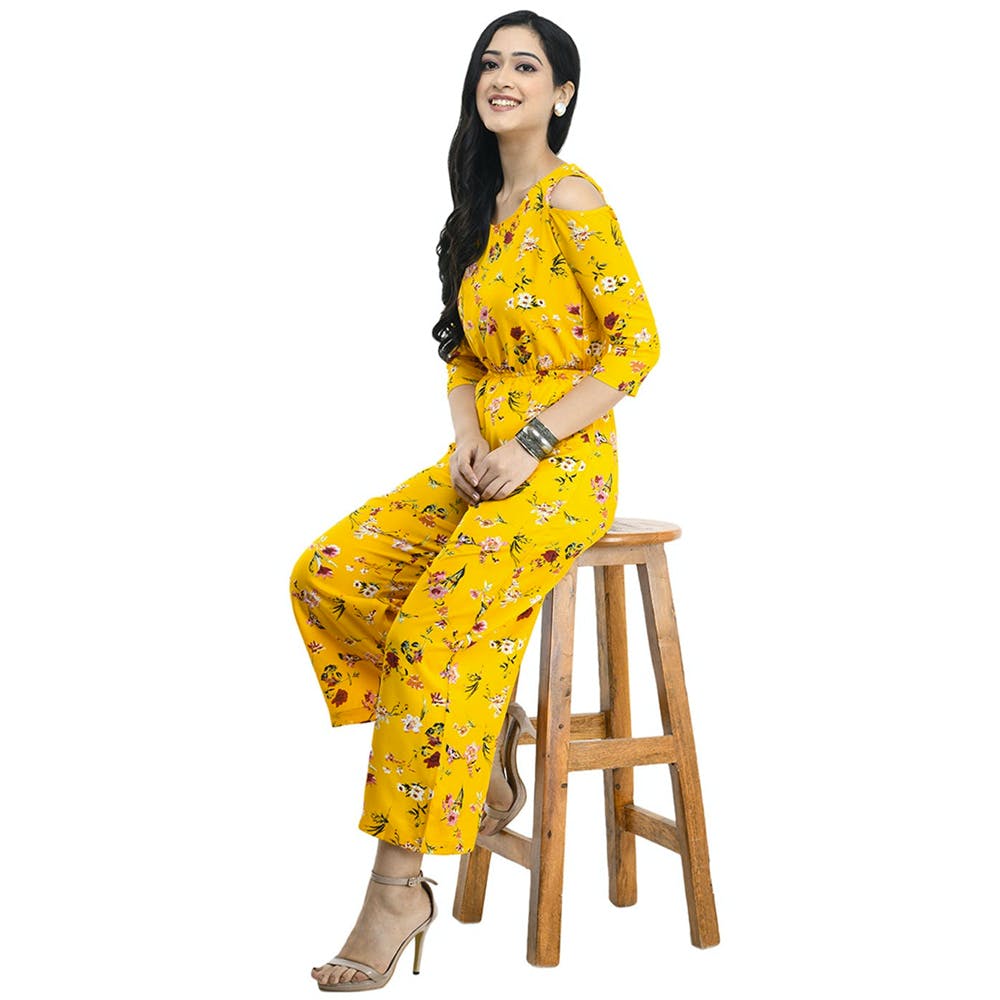 Women Scrunch Waist Detail Yellow Floral Printed Jumpsuit