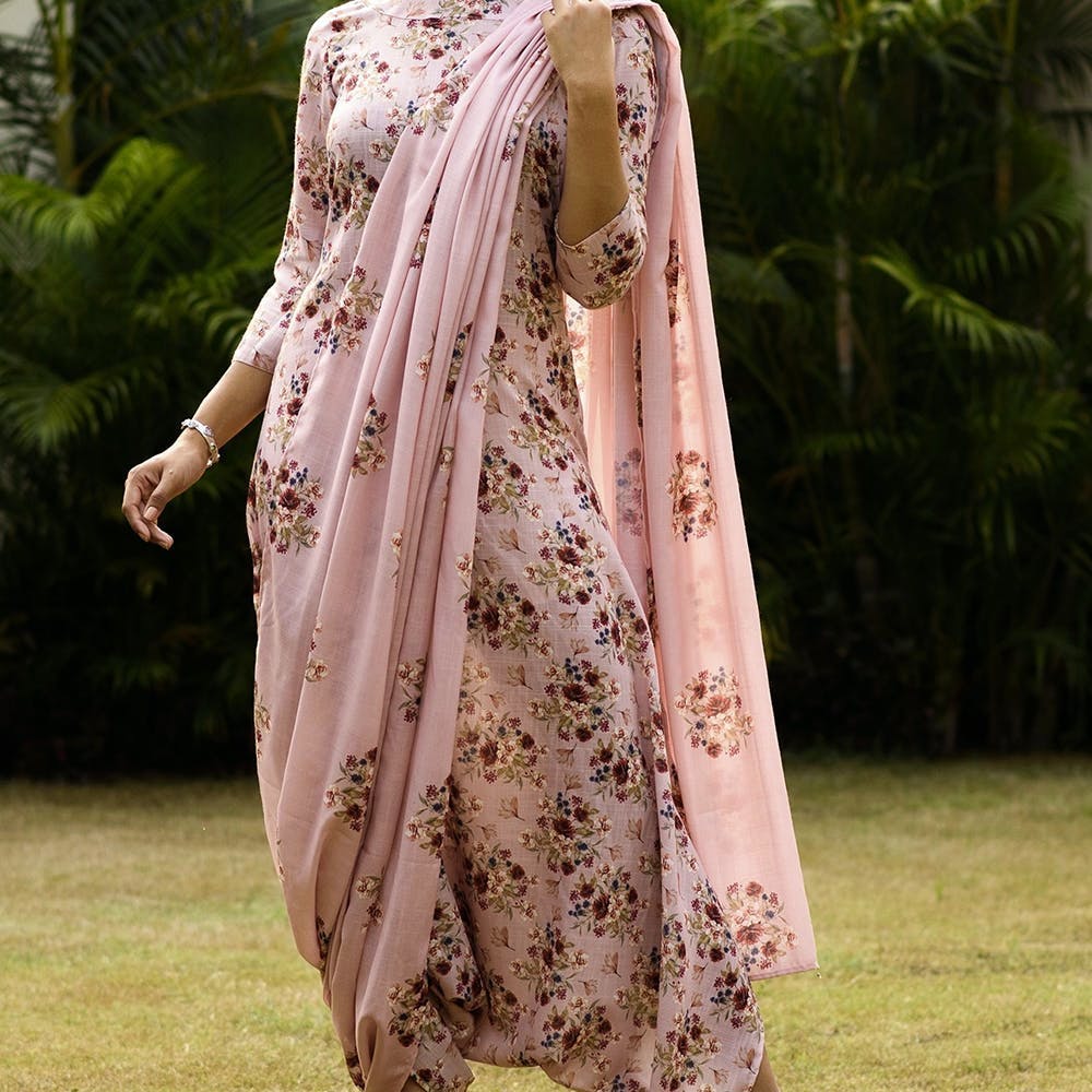 Women Carnation Pink Dhoti Jumpsuit With A Detachable Carnation Pink Pallu