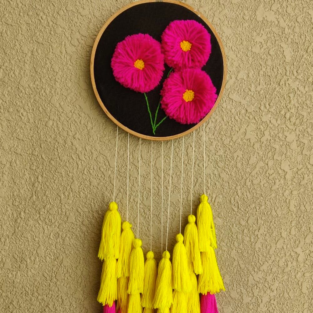 Hand Embroidered 3D Pink Floral Triple Layered Tassel Dream Catcher