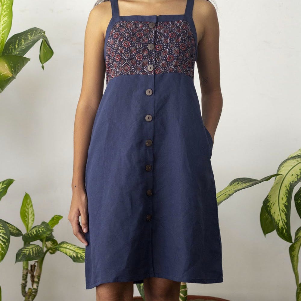 Women Ajrakh Panel Detail Blue Button Down Sleeveless Dress