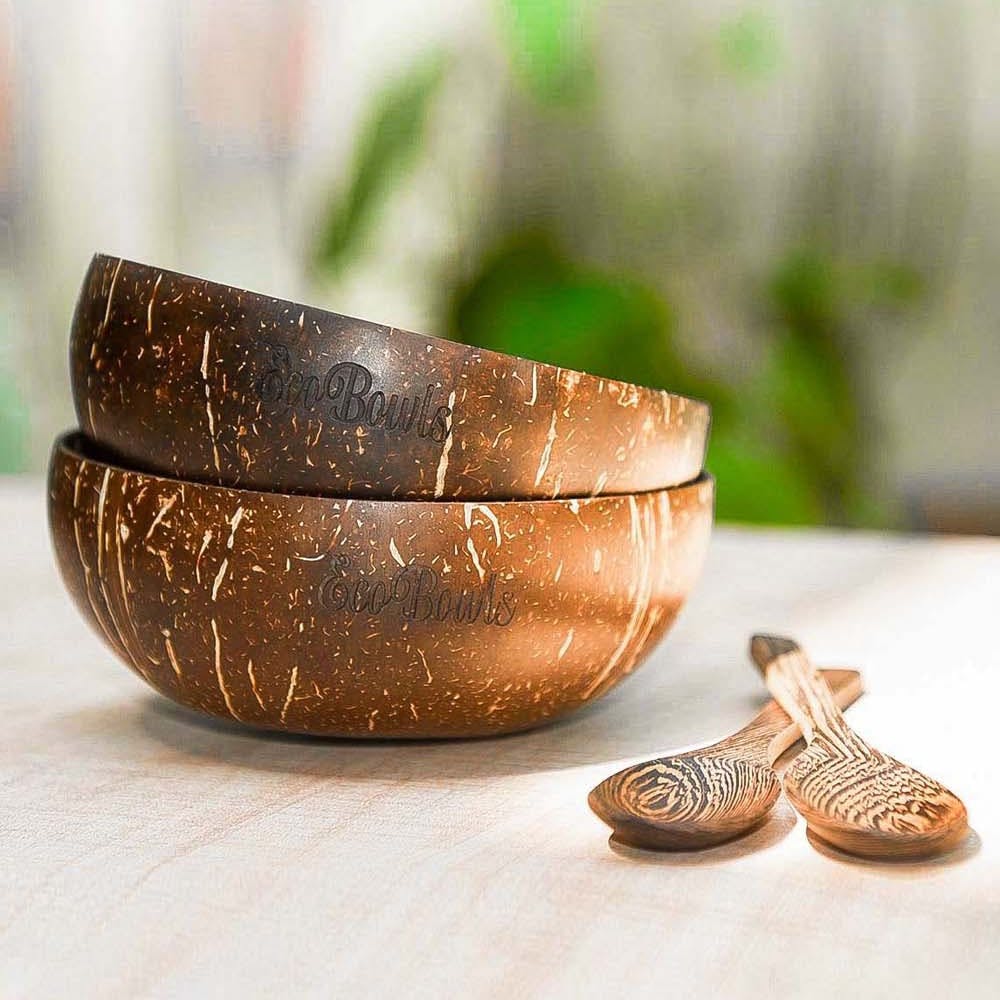 Natural Coconut Shell Bowls with Buddha Spoons (Pack of 2)