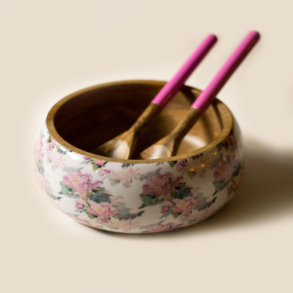 Salad Bowl + Server Set Wooden White & Pink