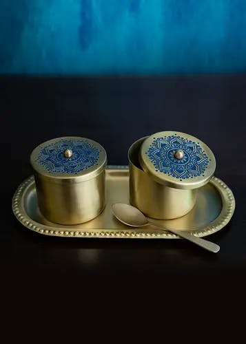 Utsav Brass Condiment Jars with Tray and Spoon